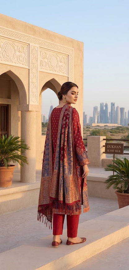 Slate Blue and Crimson Pure Kani silk
