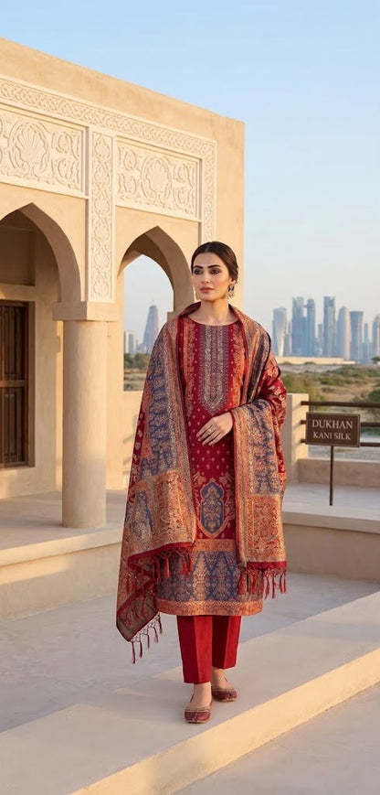 Slate Blue and Crimson Pure Kani silk