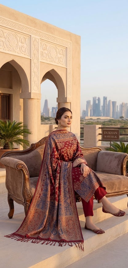 Slate Blue and Crimson Pure Kani silk