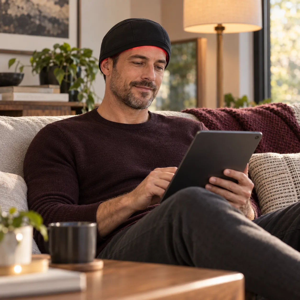 Man wearing the Halo LED scalp cap at home