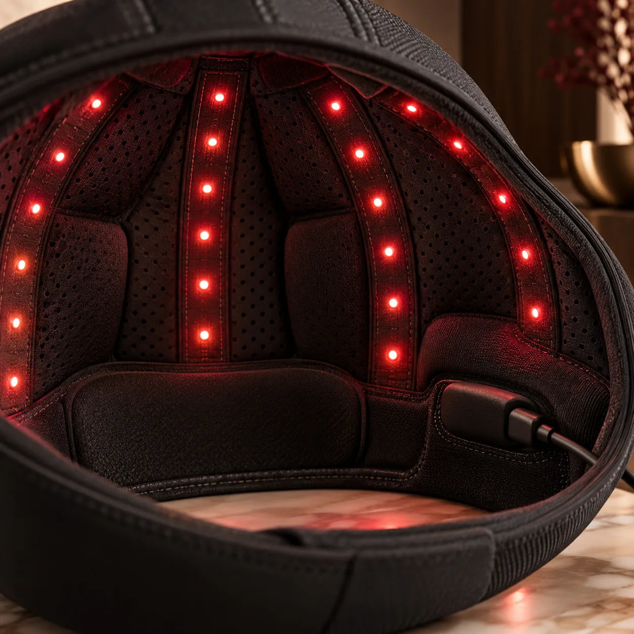 Halo interior LED and breathable fabric detail