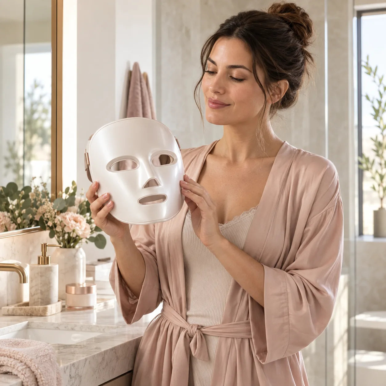 Woman holding the Lumina face mask during a morning routine